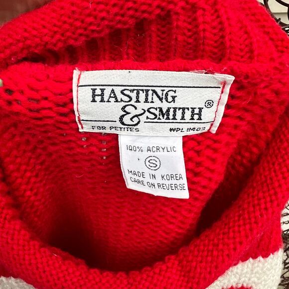 Vintage Red Mock Neck Sweater Wreath Bow Floral Knit Hasting Smith SMALL - Picture 4 of 4